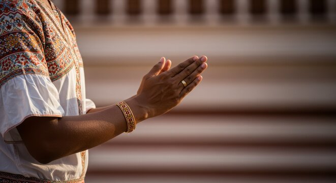 Esala Perahera in Sri Lanka, hands in a praying position or ritual gesture, shallow depth of field.