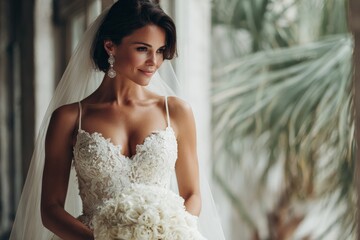 Elegant bride in wedding attire holding bouquet near window with palm fronds in soft natural light