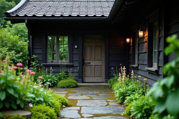 Serene Dark-Wood Cottage Entrance with Stone Path and Lush Greenery