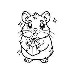 A cute cartoon hamster holding a gift box with a bow, surrounded by sparkling stars, in a black and white illustration.