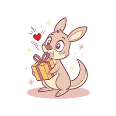 A cute cartoon kangaroo holds a gift box with a ribbon, a heart floats above, surrounded by sparkling stars.