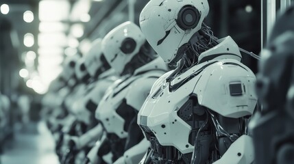 Fototapeta premium futuristic robot lineup in factory setting