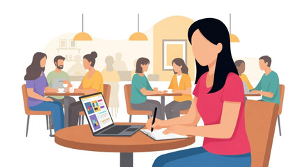 Woman working on laptop in a cafe, ideal for website banners or blog posts about remote work.