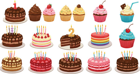 Colorful Birthday Cake and Cupcake Collection with Candles, Toppers, and Sprinkles for Festive Celebrations flat vector illustration