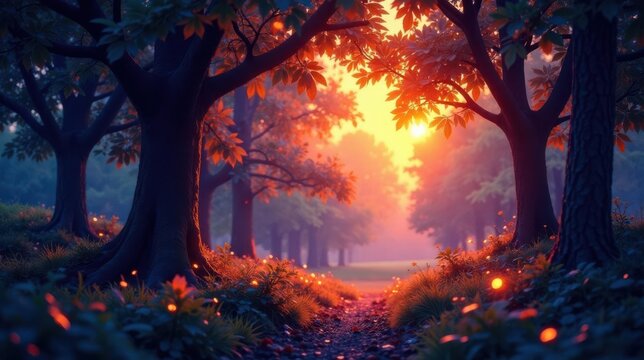 Enchanted Forest Path at Sunset A Serene and Dreamlike Landscape Featuring Lush Greenery, Majestic Trees, and a Glowing Pathway