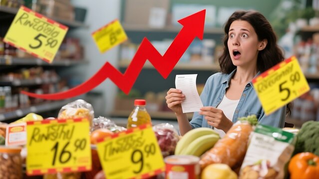 Close-up of grocery items with exaggerated price tags