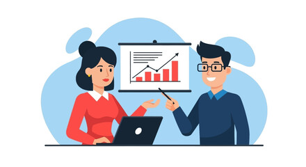 Business colleagues presenting growth chart on a flip chart, perfect for website landing pages or presentations.