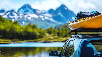 A car with a kayak stands near a lake with mountains on a sunny day