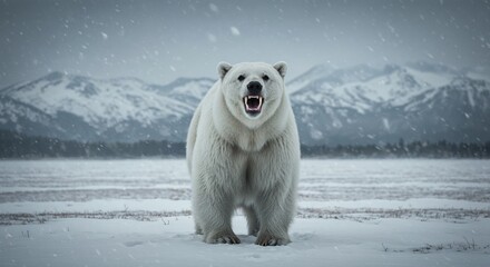 White bear with vampire teeth in snowy tundra under cloudy morning light with mountains behind
