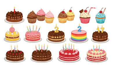 Colorful Birthday Cakes and Cupcakes with Candles, Rainbow Cake, and Dessert Treats for Celebrations flat vector illustration