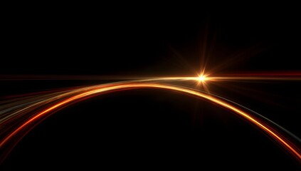 Dynamic curved light trails in red and orange tones on dark background with glowing starburst