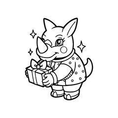 A cute cartoon rhino wearing a polka-dotted sweater holds a wrapped gift with a bow, surrounded by sparkling stars.