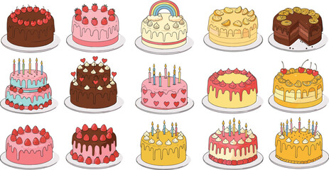 Colorful Birthday Cake Collection with Rainbow, Fruits, and Candles for Festive Celebrations flat vector illustration