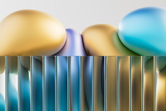 Abstract 3D shapes merge with glass distortion, evoking advanced design and visual research