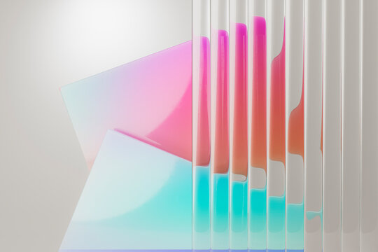 Fototapeta Minimal abstract 3D composition of layered translucent panels and fluid reflections