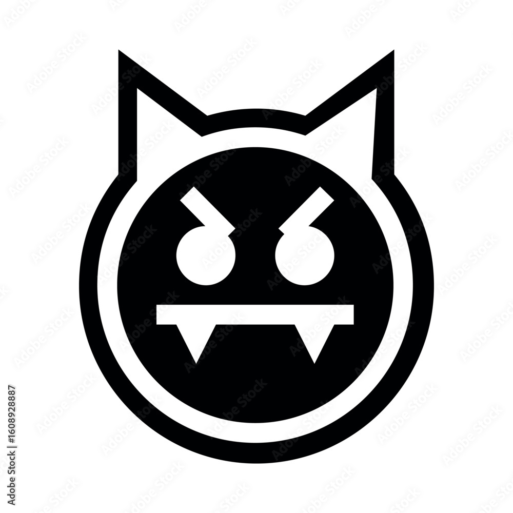 Poster a black and white vector image of a cartoonish devil head with pointy ears and sharp fangs showing t