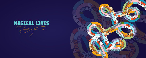 abstract background with swirl geometric lines, memphis lines with colorful geometric shape, wavy celebration rainbow colored ribbons in memphis style