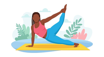 Black woman practicing yoga outdoors, perfect for wellness websites or fitness brochures.