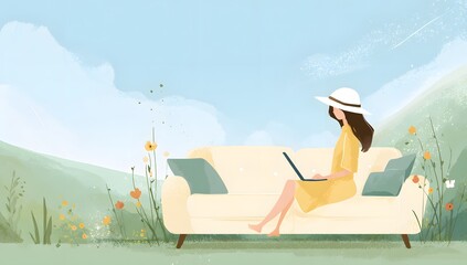 Illustration of woman working on laptop outdoors on sofa in peaceful nature landscape