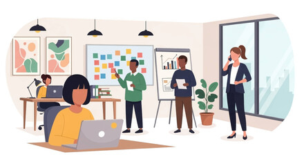 Diverse team collaborating in a modern office, perfect for illustrating teamwork and productivity on your website or brochure.
