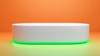 Oval white pedestal with green neon light on orange/yellow background