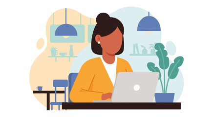 Woman working on laptop in cafe, perfect for websites or blog posts about remote work, freelance, or coffee shop culture.