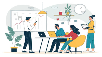 Business team collaborating on a project, perfect for illustrating teamwork and progress in presentations or reports.