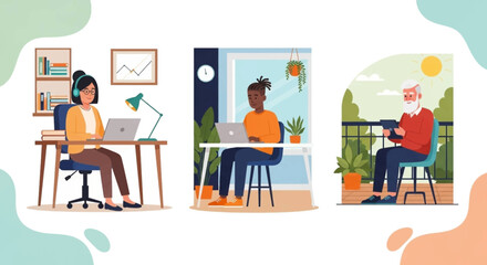 Diverse group of people working remotely from home, office, and balcony. Perfect for illustrating remote work, work-life balance, or diversity in the workplace.