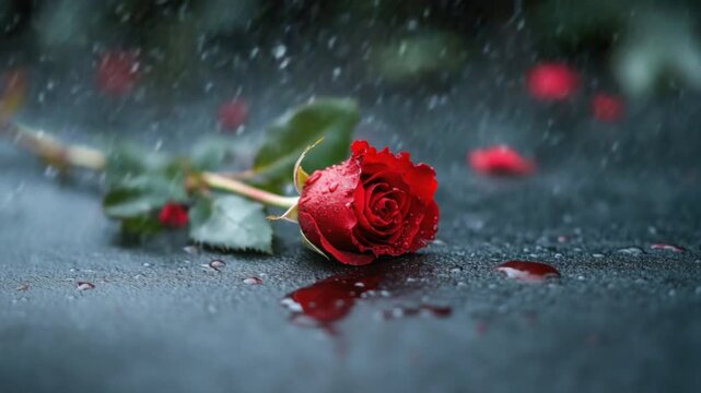 Fresh Red Rose with Dew Drops on Dark Surface Captured in Natural Light During Rainy Day 4k video footage