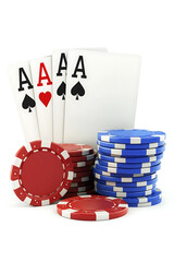 Obraz premium A winning poker hand featuring four aces and stacked chips on a casino table