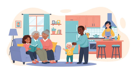 Happy multigenerational family at home: grandparents reading with granddaughter, father playing with toddler, mother cooking. Ideal for family blogs, websites, and brochures.