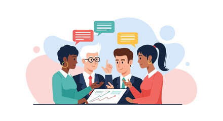 Diverse business team collaborating on a project, reviewing data and discussing strategy. Ideal for websites, presentations, and marketing materials.