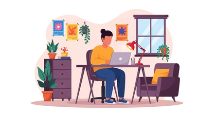 Person working from home at a desk with plants and a laptop. Perfect for blogs, websites, and articles about remote work, freelance, or home office.