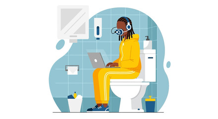 Person working on laptop while sitting on toilet in bathroom - Illustration for articles about work-life balance, remote work, or unusual workspaces.