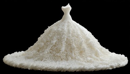 White wedding gown, intricate, sculpted, voluminous, on black backdrop