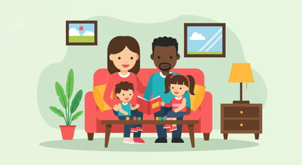 Happy family reading a book together on a cozy couch, perfect for family, parenting, and home-themed projects.