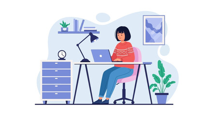 Young woman working on laptop at home office, perfect for blog post or website banner.