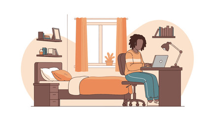 Young man working from home on laptop, bedroom workspace illustration for blog or website.