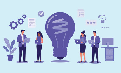 Creative Team Collaboration with Laptops and a Big Lightbulb, Symbolizing Innovation and Positive Feedback flat vector illustration