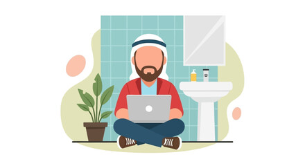 Arab businessman working on laptop in modern bathroom, ideal for website or brochure.