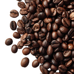 Close up of roasted coffee beans scattered across a surface creating a textured background for beverages and cafes isolated on transparent background