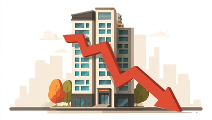 High-rise building with a downward red arrow, symbolizing declining property values