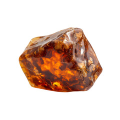 Raw rough amber gemstone with natural inclusions and facets showing warm orange and brown hues isolated on transparent background