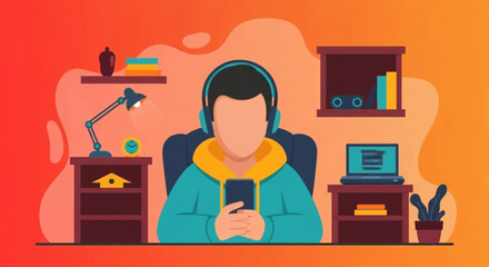 Fototapeta premium Person using smartphone and headphones at home office desk, ideal for blog posts about remote work or online learning.