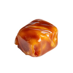 A single piece of chewy caramel candy with a glossy brown surface and soft edges isolated on transparent background