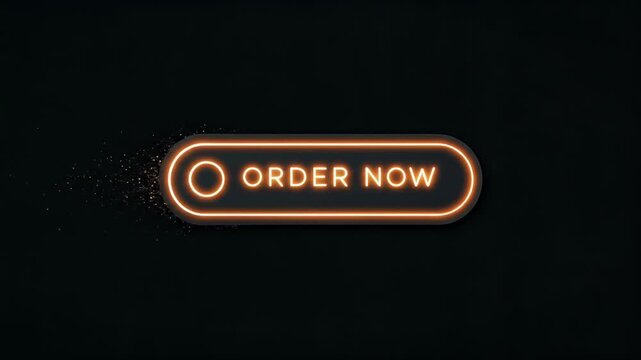 Neon orange "Order Now" button on dark background, with particles.
