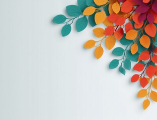 Colorful paper leaves in autumnal hues create a corner border on a light background