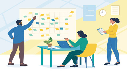 Diverse team collaborating on a project, using sticky notes and laptop. Ideal for website banners, project management articles.