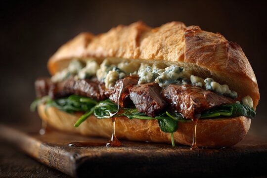 Juicy steak sandwich with blue cheese and fresh spinach served on a rustic wooden board