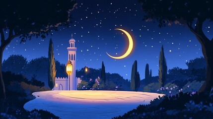 Tranquil Islamic Landscape with Crescent Moon and Minaret under Starry Sky